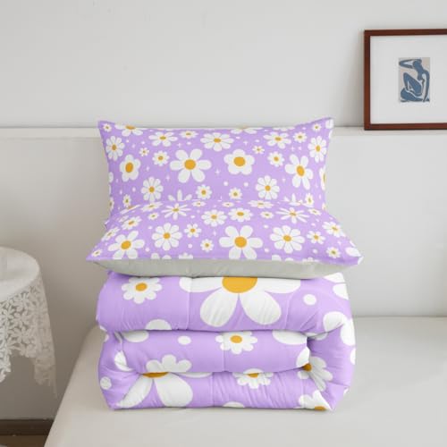 Image of Daisy Flower Groovy Comforter Set Queen Size Kids Boys Girls Bedding | Retro Boho Breathable Soft Lightweight Duvet Set Quilt Set Bedroom Decor Microfiber 3Pcs Light Purple Warm Cozy All Season