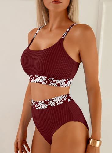Image of Herseas Women's Textured Bikini Sets Floral Print Trim Scoop Neck Swimsuits High Waisted Bathing Suits