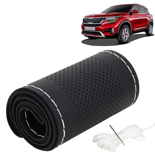 Image of KINGSWAY PU Leatherite Car Steering Cover Sewable Compatible with Kia Seltos (Year 2019-2023), Black Color with Silver Thread, Pack of 1 with Sewing Needle and Thread