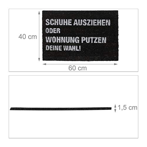 Relaxdays Fußmatte Kokos 'Schuhe ausziehen oder Wohnung putzen - Deine Wahl!', außen & innen, Türmatte 60x40 cm, schwarz