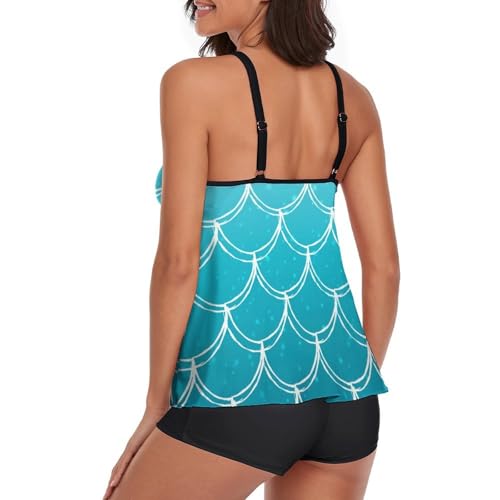 Tankini écaille de sirène bleue avec shorty couvrant pour dissimuler les rondeurs