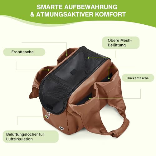 ALLSOPETS Hundetasche für Kleine Hunde, Leichte Atmungsaktive Haustiertasche, Bequeme Katzentragetasche mit Leinenhaken für Reisen, Outdoor und Camping (Karamellbraun)