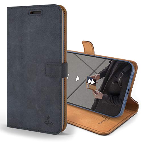 Snakehive iPhone 12 Pro Vintage Wallet || Genuine Leather Wallet Phone Case || Real Leather with Viewing Stand & 3 Card Holder || Flip Folio Cover with Card Slot (Navy).