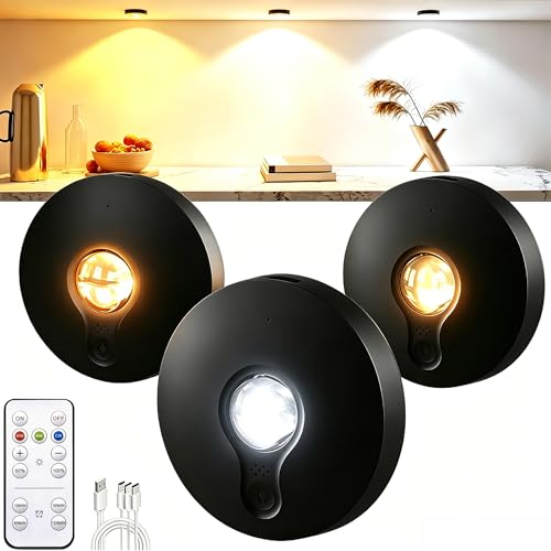 Image of UNUSROOM Rechargeable Puck Lights with Remote Control,2000mAh High Capacity Battery Operated LED Under Cabinet Lighting,Dimmable Tap Stick On& Wireless Closet Light for Kitchen Counter