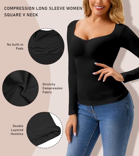 Women's Long Sleeve V-Neck Shapewear Tops, Tummy Control Compression Shirts - image 3