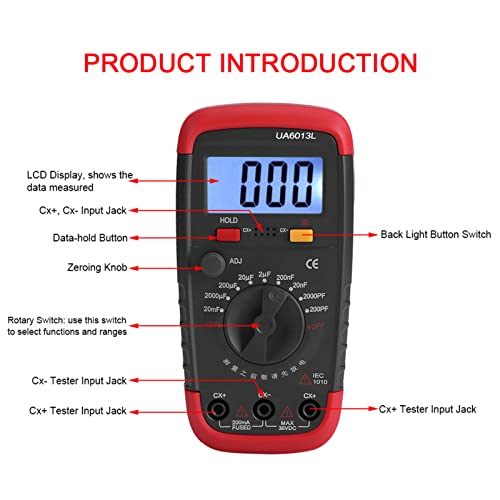 Multimeter Kapazitätsmessgerät, 142x74x35mm Digitale Kondensator Tester 0,1 PF bis 20.000 UF 6013L LCD Anzeigekapazitätstestmesser Tool Tragbares Elektro Messgerät Handheld Kapazitätsmessgerät