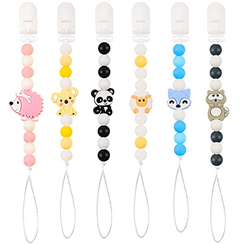 Nuanchu 6 Pieces Silicone Pacifier Clip Cute Cartoon Pacifier Clips for Baby,Animal Design Silicone Pacifier Chain Holder Teether Pacifier Clip Paci Clip Teether Bead Pacifier Leashes for Girls Boys
