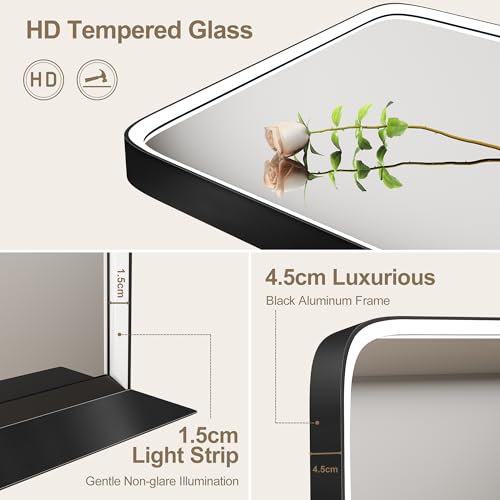 STARLEAD Bathroom-Mirror-With-LED-Lights 80x60 cm, LED-Bathroom-Mirror with Shelf, Dimmable, 3 Light Colours, Anti-Fogging, Memory Function, IP44, HD Tempered Glass, Black Matte Metal Frame - Image 3