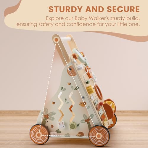 Image of Pithfor Wooden Baby Walker, Baby Push Walker with Activity Center for Girls Boys, Montessori Push Walker Toys for Babies Learning to Walk, Sit-to-Stand, for 10-12 Months 1 2 3 Years Old