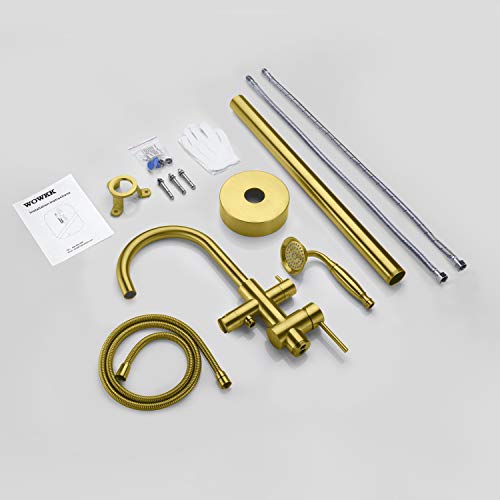 Wowkk Tub Filler Freestanding Bathtub Faucet Brushed Gold Floor Mounted Brass Bathroom Tub Faucets With Hand Shower #TOP6