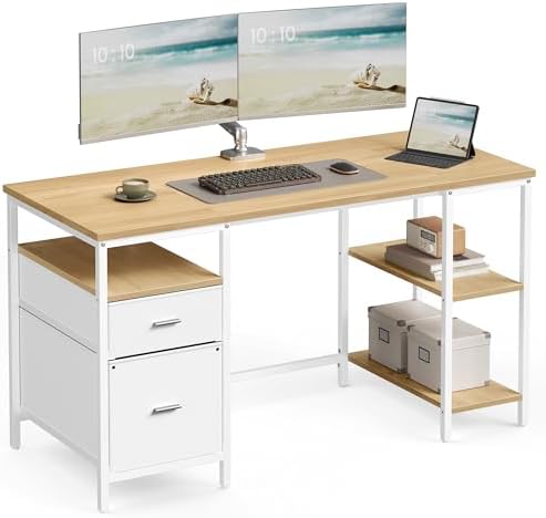 Scrivania per Computer, 3 Ripiani, 2 Cassetti, 140 x 60 x 76 cm | Tavolo da Ufficio, per Ufficio, Soggiorno, Stile Moderno, Rovere N