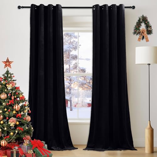 PONY DANCE Black Velvet Curtains 52x84 Inch - Thermal Insulated Room Darkening Eyelet Top Blackout Curtains Home Decor Window Treatment for Living Room/Bedroom, Luxury Velvet Panels Set of 2