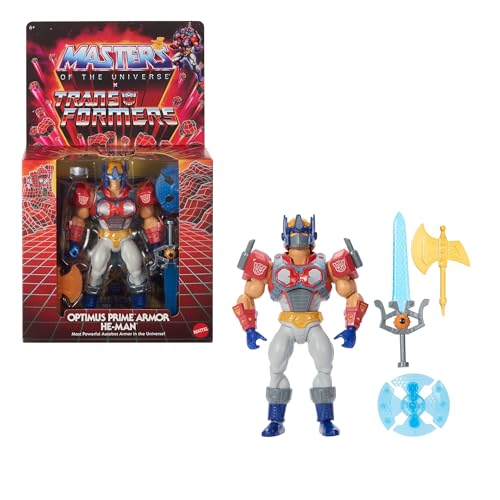 ​Masters of Universe Origins x Transformers - He-Man con armatura di Optimus Prime, action figure MOTU snodata da collezione con accessori e mini-fumetto inclusi, 6+ anni, JGT18