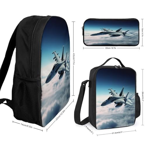 Printed Backpack With Lunch Pack Storage Box Case Aircraft Fighter Jets 3pcs Lightweight Travel Backpack2