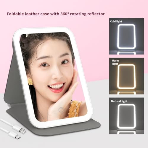 Image of Coslifestore LED Lighted Makeup Mirror with 3 Color Modes, Foldable & Rechargeable Battery Portable Vanity Rectangular Mirror with Stand for Travel & Home