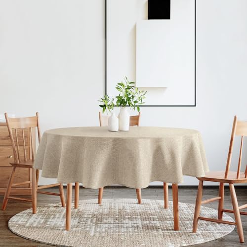 DWCN Leinen Beige Rund Tischdecke 120cm Gartentisch Knitterfrei Tischtuch – Ansicht 5