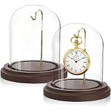 ZOOFOX 2 Pack Pocket Watch Glass Display Dome, Clear Glass Display Cloche with Hook and Wooden Base, 3' x 4' Decorative Bell Jar for Watch Plants Medals Photos Collectibles