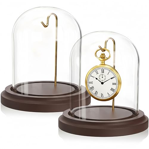 ZOOFOX 2 Pack Pocket Watch Glass Display Dome Clear Glass Display Cloche with Hook and Wooden Base 3 x 4 Decorative Bell Jar for Watch Plants Medals Photos Collectibles