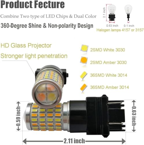 iBrightstar Super Bright 3157 4157 3155 3457 Switchback LED Bulbs with Projector Replacement for Daytime Running Lights/DRL and Turn Signal Lights, White/Amber - Image 3