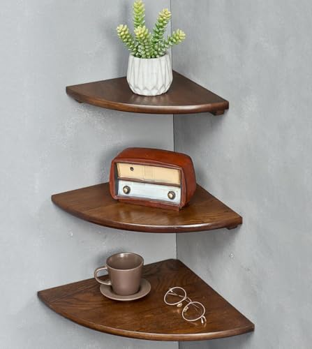 Image of Corner Shelves, Floating Corner Shelf, Set of 3 Solid Oak Wood Corner Wall Shelves, Round End with Wire Hole Shelving for Small Plant for Bedroom Kitchen, Living Room (Size 9 /10 /12in)