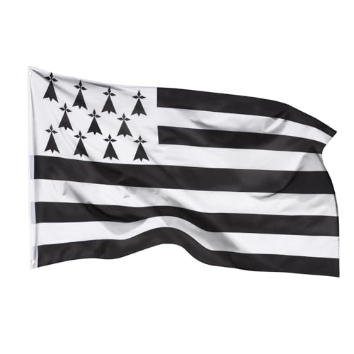PHENO FLAGS Drapeau Bretagne 90x150cm – breton - résistant aux intempéries, avec œillets en laiton, 100% polyester, coutures doubles robustes et couleurs éclatantes – pour les passionnés de drapeaux