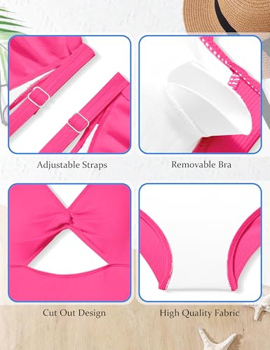 Image of Girls One Piece Swimsuit Cut Out Ruffle Bathing Suit Twist V Neck Swimwear Solid Color with Cover Up Skirt 9-16T