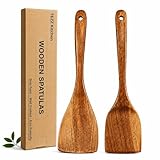 Wooden Spatulas, 2 PCs Natural Acacia Wooden Cooking Utensils Set for Non-stick Pan Kitchen Tool, flipping and Wok Spatula, Wooden Spoons & Spurtle for Cooking