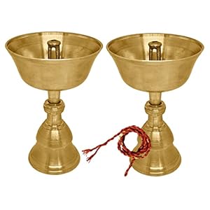Satvik 2 Pc Set of Pure Brass Diya for Pooja Tibetan Buddhist Altar Supplies Indian Puja Kutthu Vilakku Deepam Meditation Offering Butter Lamp Tea Light Holder Indian Housewarming Return Gift Idea