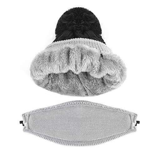3 In 1 Winter Knitted Beanie Hat Scarf Mouth Mask Set For Girls Boys Kids, Warm Fleece Lined Ski Cap With Pompom Neck Warmer (Black) #TOP6