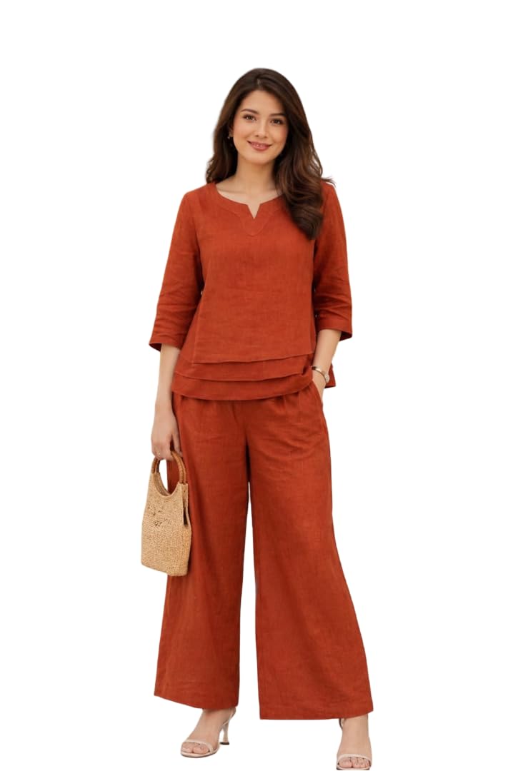 Women's Cotton Slub Co-ord Set | Solid Top & Wide Leg Pant Set | Round Neck | Regular Fit | Casual & Office Wear | M-2XL | Rust-picture-19
