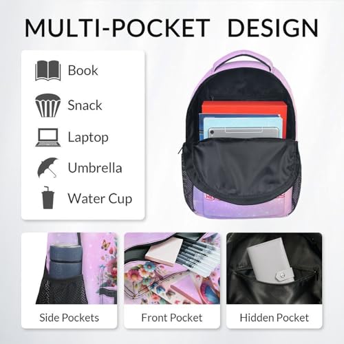 Backpack with Lunch Box for Girls, Personalized Butterfly Backpacks for Women Teens, 17 Inch Cute Kids Bookbag with Pencil Case, Custom Initial Name Bookbags for School4