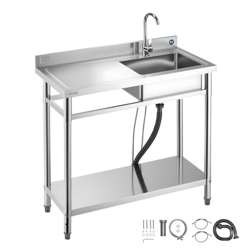 VEVOR Stainless Steel Utility Sink, Free Standing Single Bowl Commercial Kitchen Sink with Faucet, 39.4 x 19.7 x 37 in, Utility Left Basin with Hot & Cold Water Pipe for Garage, Restaurant, Laundry