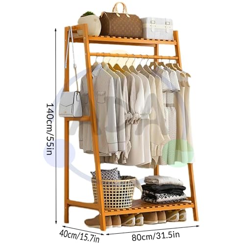 Image of ADA Premium Natural Bamboo Cloth Stand With Rack, Top Shelf & Shoe Stand With 2 Hook Clothing Storage Organizer Shelves For Hallway, Living Room, Guest Room (80 x 40 x 140cm)