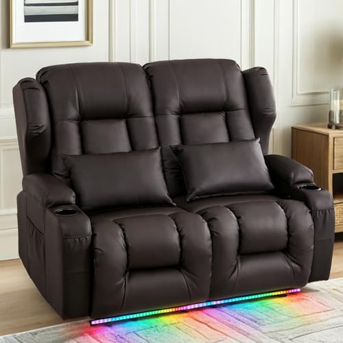 Image of Loveseat Recliner Sofa with DIY LED Lights,RV Wall Hugger Recliners for Small Spaces,Reclining Loveseat Sofa Recliner with Cup Holders /Lumbar Pillows,RV Furniture,PU Brown,56 inch 2-Seater with Light