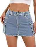 Buauty Women Denim Cargo Skirt Y2K, Mini Low Waist Jean Shirts Bodycon Flap Pockets 2024 Trendy Short, Large