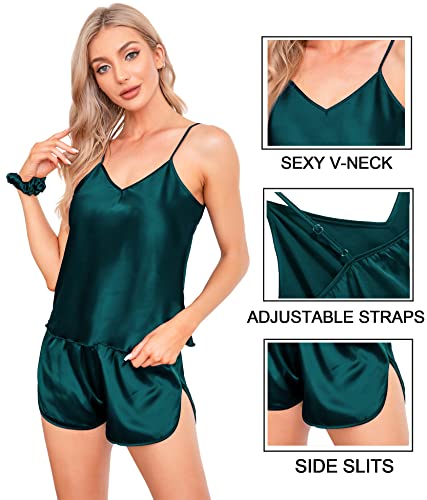 Swomog Women's 7 Pcs Silk Satin Pajamas Set Long Sleeve Button Down Sleepwear Cami Shorts Pjs Set With Eye Mask (As1, Alpha, L, Regular, Regular, Dark Green) #TOP3