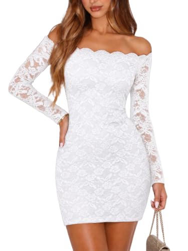 Xuiqx Women's Lace Off Shoulder Long Sleeve Sexy Going Out Mini Dress White