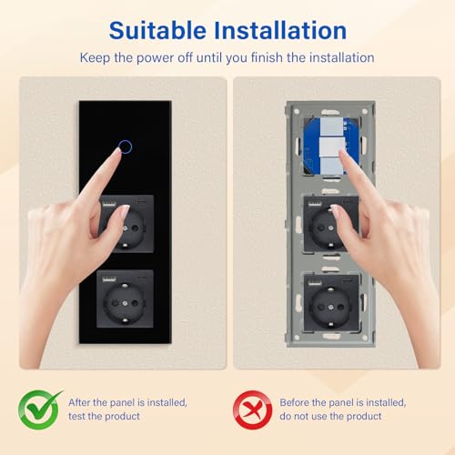 BSEED Touch Lichtschalter mit USB Steckdose Anschluss (Max. 2.1A) Typ C Port 1 Fach 2 Wege Wandschalter mit doppelten Steckdosen Unterputz Touchscreen-schalter mit Glasrahmen 228mm Schwarz