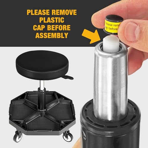 YELLOW JACKET Mechanical Seat, Garage Shop Stool 300 LBS Capacity Adjustable Pneumatic Creeper Seat with Removable Magnetic Tool Tray and Wheels, Round Garage Workshop Chair