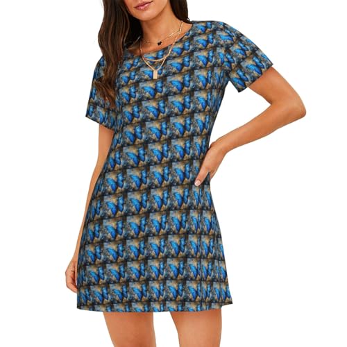 Chemise de nuit légère respirante manches courtes femme papillon bleu nuit
