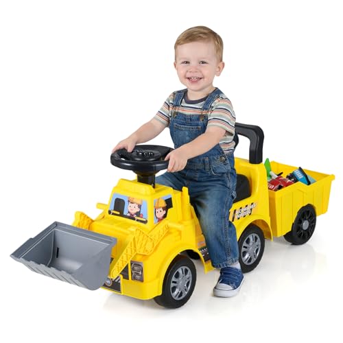 COSTWAY Sitzbagger mit Schaufel & abnehmbarem Anhänger, Kinderbagger mit Stauraum unter dem Sitz, Hupen & Musik, Bagger zum draufsitzen für Kinder ab 1 Jahr