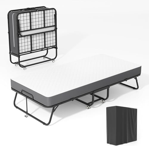 Folding Bed with 5 Inch Memory Mattress, 75” x 38” Foldable Twin Size with Wheels for Adults, Portable Rollaway Bed with Metal Frame for Apartment
