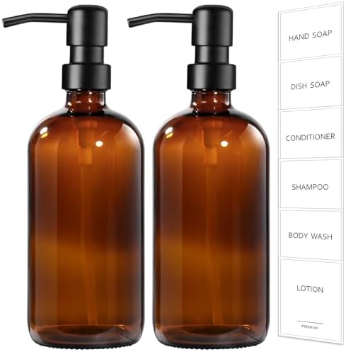 GMISUN Amber Glass Soap Dispenser, 2 Pack Bathroom Hand Soap Disp...