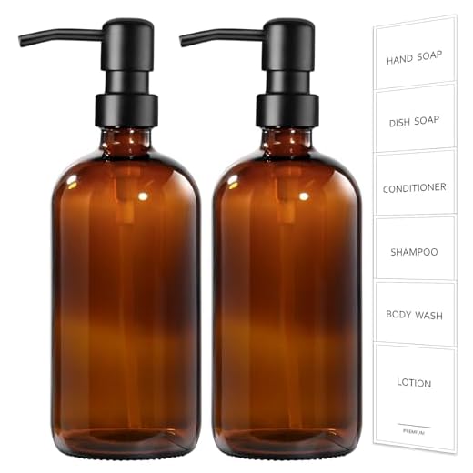 GMISUN Amber Glass Soap Dispenser, 2 Pack Bathroom Hand Soap Dispensers with Stainless Steel Pump, 17 Fl Oz Kitchen Hand and Dish Soap Dispenser Set, Modern Vintage Liquid Brown Soap Dispensers Bottle