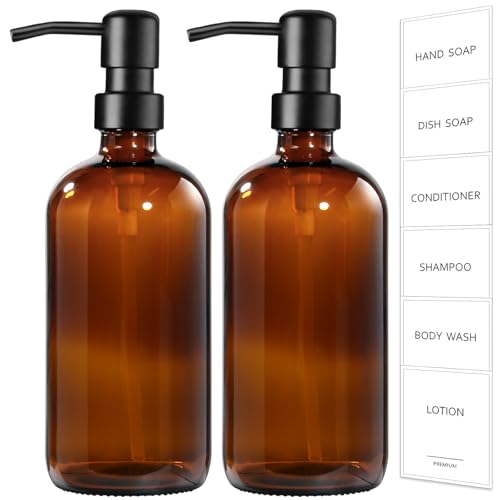 GMISUN Amber Glass Soap Dispenser, 2 Pack Bathroom Hand Soap Dispensers with Stainless Steel Pump, 17 Fl Oz Kitchen Hand and Dish Soap Dispenser Set, Modern Vintage Liquid Brown Soap Dispensers Bottle
