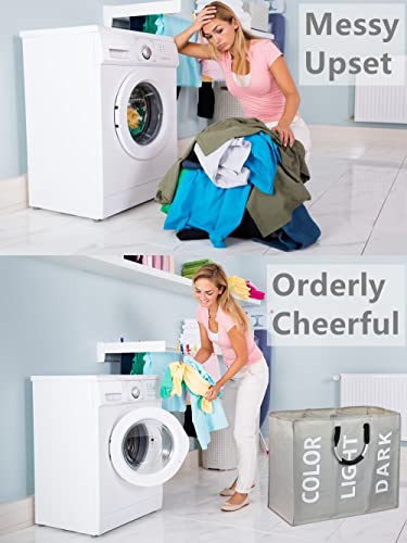 Slim Laundry Hamper 3 Section Sorter With Handles Large Capacity Foldable 19" Tall Waterproof Laundry Basket For Dirty Clothes Storage (Light Grey) #TOP4