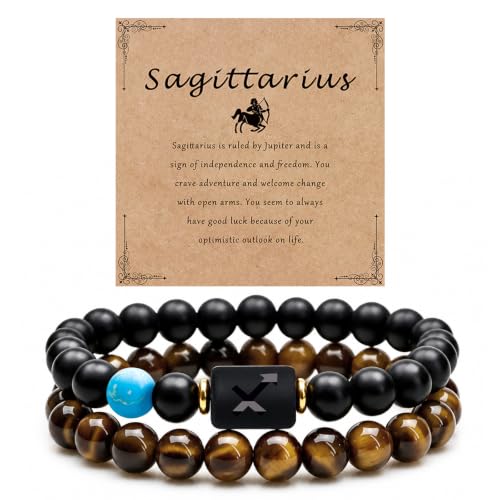 Sagittarius Zodiac Bracelets for Men Women-2Pcs 8MM Handmade Stack Bracelets Tiger Eye Spiritual Healing Crystal Bracelet Gifts