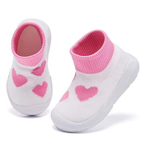 Morendl Baby Booties Infant First Walking Shoes Non-Slip Mesh Breathable Sneakers Lightweight Cozy Slip On Shoes For Toddler Boys Girls Pink Heart 9-12 Months #TOP3