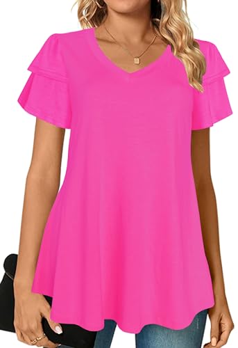 Afibi Womens Summer Tops Ruffle Short Sleeve V Neck T-Shirts Casual Loose Fit (X-Large, Coral)