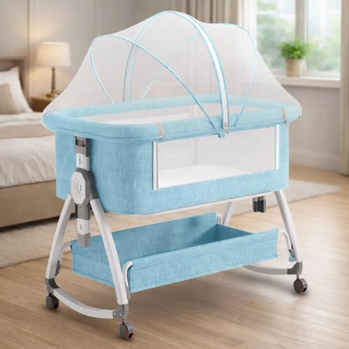 Image of Premium 6-in-1 Baby Bedside Cot, Crib, Cradle Portable All-Mesh Bassinet with Multi-Purpose Tray,Wheels, Storage Basket, and 6 Height Adjustments, for Newborns- SkyBlue | Breathable Cloth